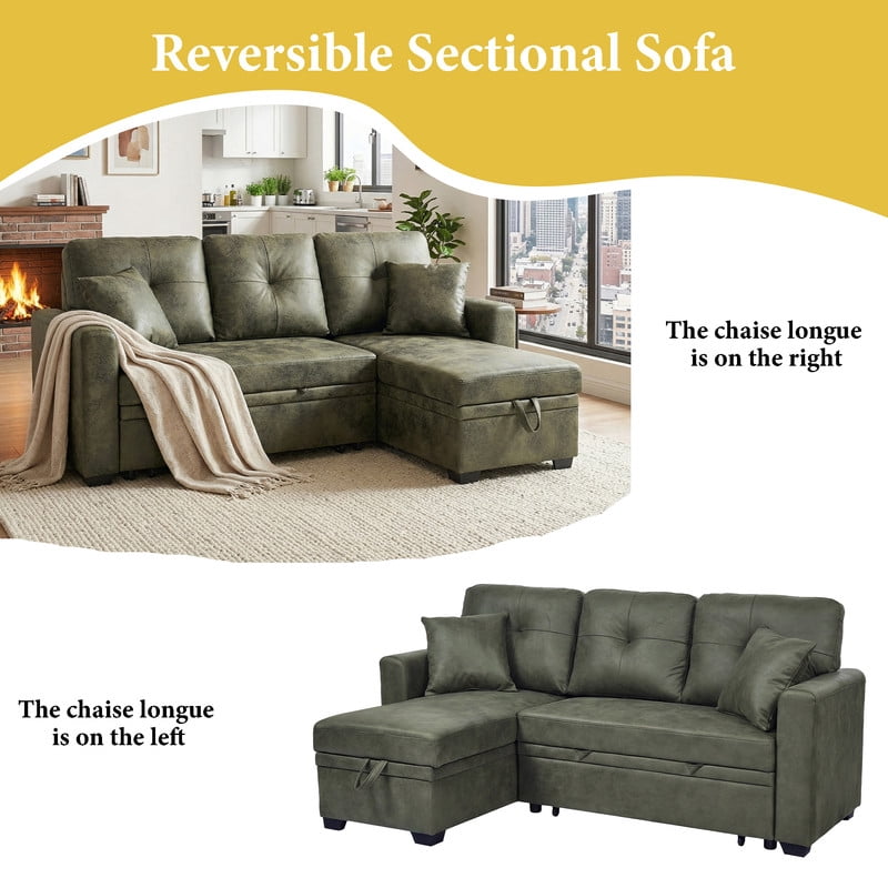Sleeper Sofa Sectional with Pull-Out Bed – Reversible Chaise + Hidden Storage, Breathable Fabric, L-Shaped Couch for Small Spaces, Convertible Sofa Bed for Living Room