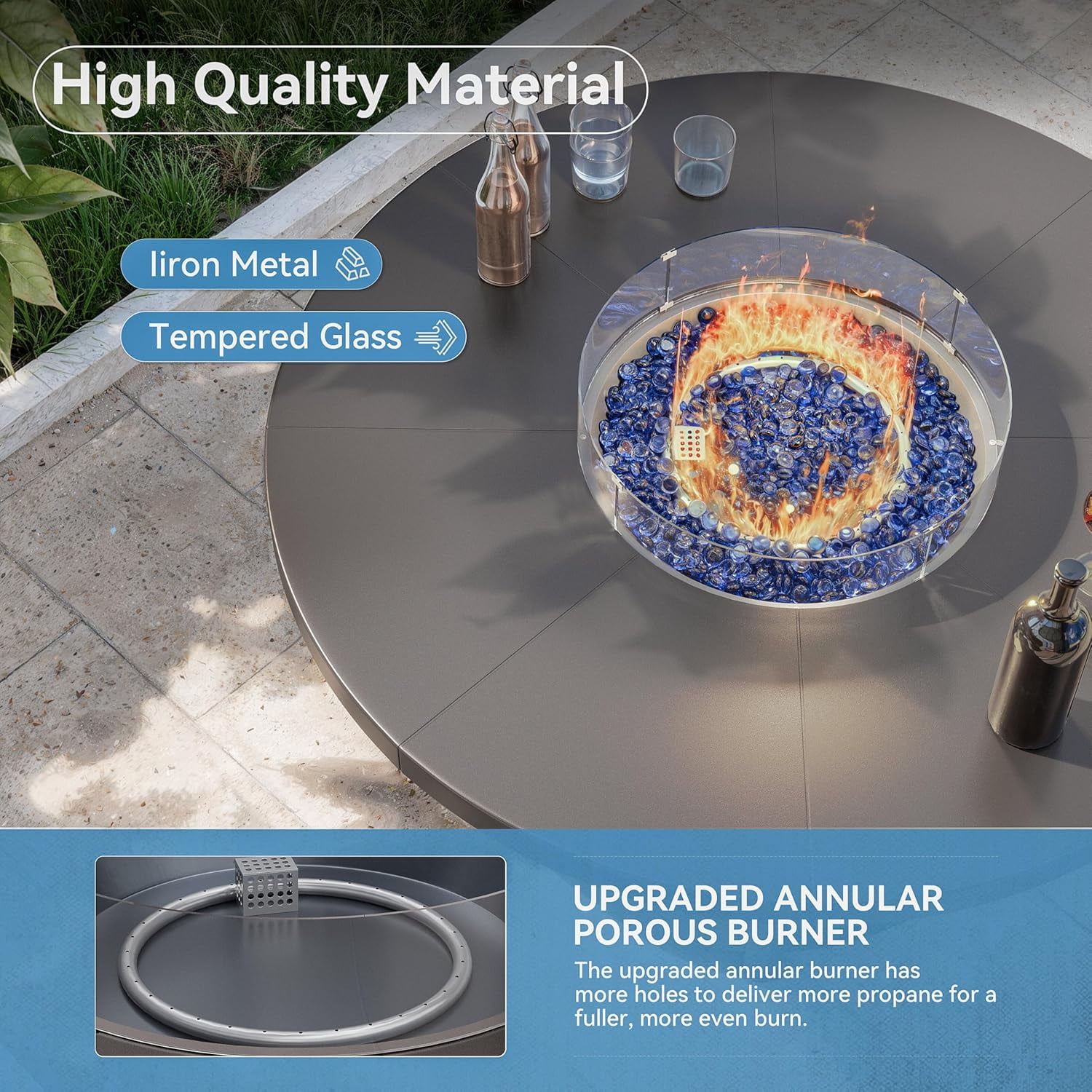 Kullavik 48 Inch Outdoor Propane Fire Pit Table,Round Firepit Table for Outside Patio,Gas Fire Table with Fire Glass,Waterproof Cover and Blue Glass Stone