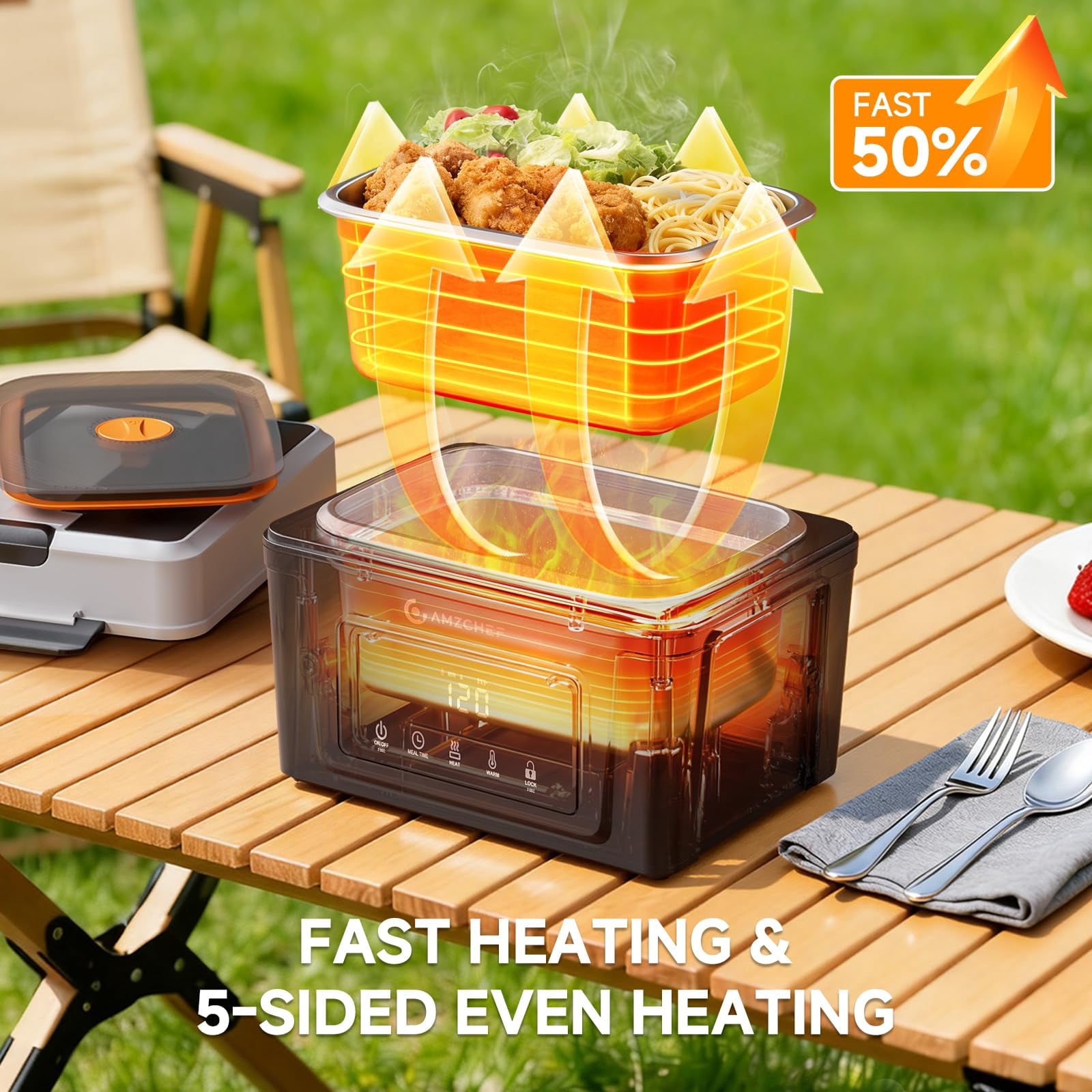 AMZCHEF Electric Food Warmer Lunch Box Portable Cordless Fast Heating Rechargeable Battery Leakproof Stainless Steel Plastic Reusable Lunch Boxes