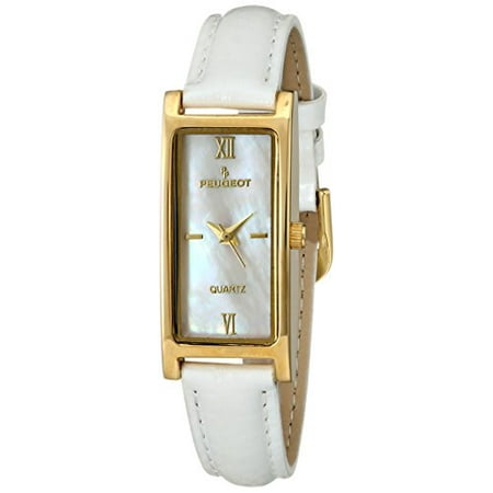 Women's 14K Gold Plated Mother of Pearl Roman Numeral Face Glossy White Leather Thin Skinny Strap Dress Watch