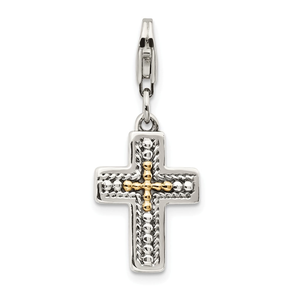 12mm x 36mm Solid 925 Sterling Silver with 14k 3-D Antiqued-Style Cross with Lobster Clasp Pendant Charm