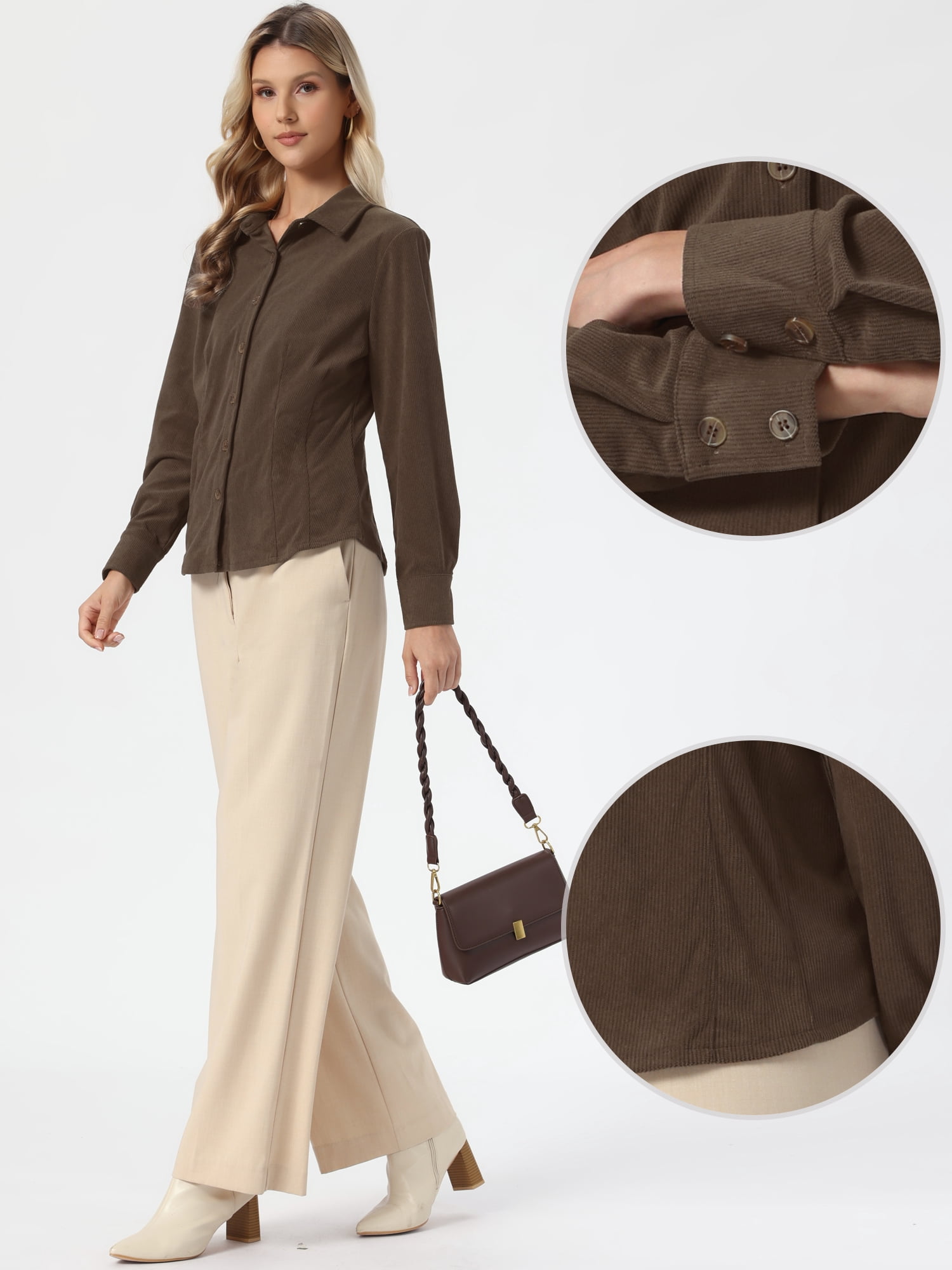 DARING DIVA Women's Corduroy Shirts Button Down Fall Long Sleeve Shirt L Brown