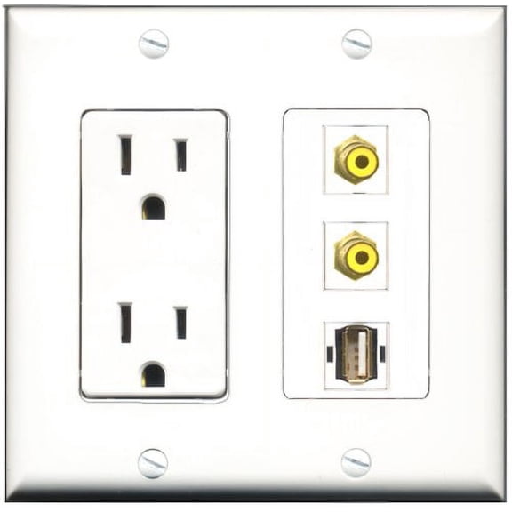 RiteAV - 15 Amp Power Outlet 2 Port RCA Yellow 1 Port USB A-A Decorative Wall Plate