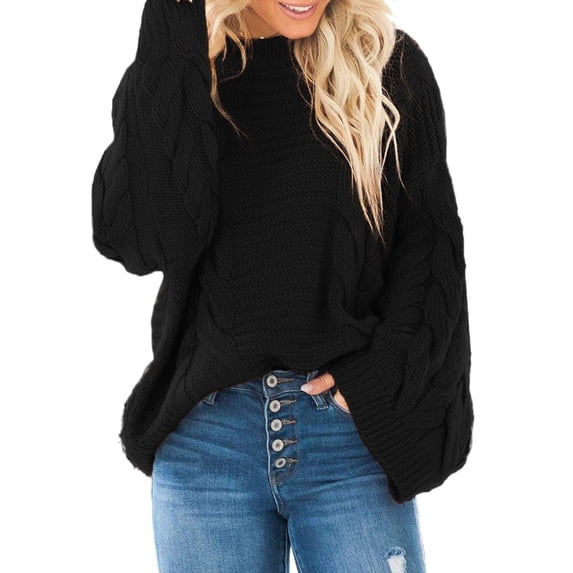 Asyoly Women Cable Knit Sweater Long Batwing Sleeve Crewneck Chunky Oversized Pullover Casual Loose Jumper Winter Warm Tops