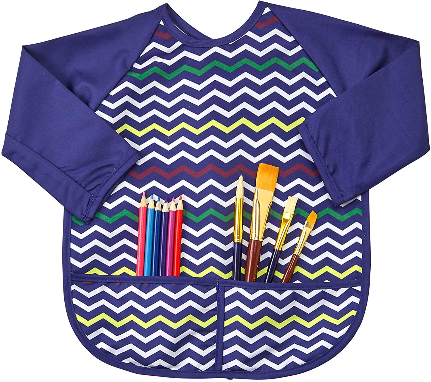 Abstract Kids Art Smock Apron Premium Quality Microfiber with Vinyl Lining 2 Pockets Red Crayon Long Sleeve Waterproof Bib for Painting Extra Large Feeding and More 