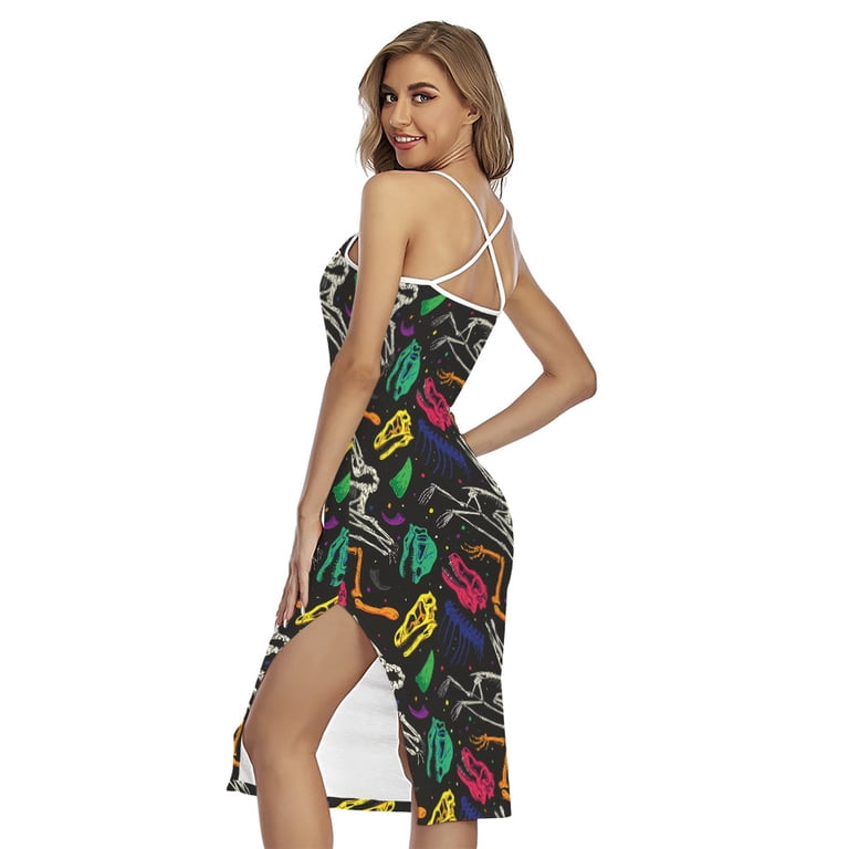 Colorful Dinosaur Fossil Pattern Printed Cross Back Cami Dress, Dinosaur  Fashion Summer Maxi Sexy Casual Dress For Women - Walmart.com