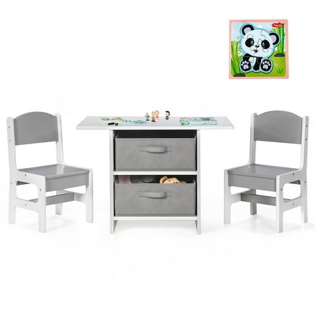 UPC: 6975213283196 | Babyjoy Kids Art Play Wood Table and 2 Chairs Set w/ Storage Baskets Puzzle