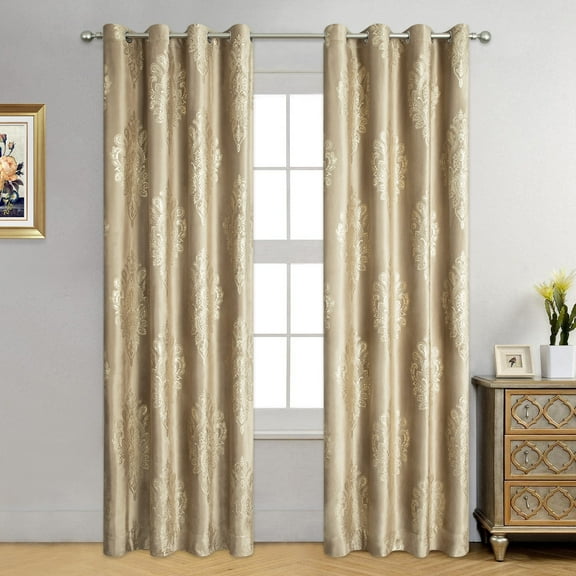 VOGOL Brown Blackout Curtains, Luxury European Soft Touch Velvet Drapes for Home Decor, Golden Flower Printing Grommet Curtain for Bedroom, 2 Panels, 52 x 96