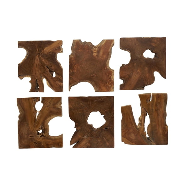 DecMode Brown Teak Wood Handmade Live Edge Wood Slab Abstract Wall Decor (6 Count)