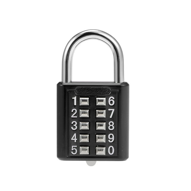 Uxcell 10-Digit Combination Padlock Push Button Lock in black, featuring a zinc die-cast housing and a hardened steel shackle. The lock has an 8-number push button interface with a 4-digit pre-set, unchangeable combination. The shackle measures 6mm in diameter and has internal dimensions of 23mm by 23mm. Suitable for lockers and cabinets.