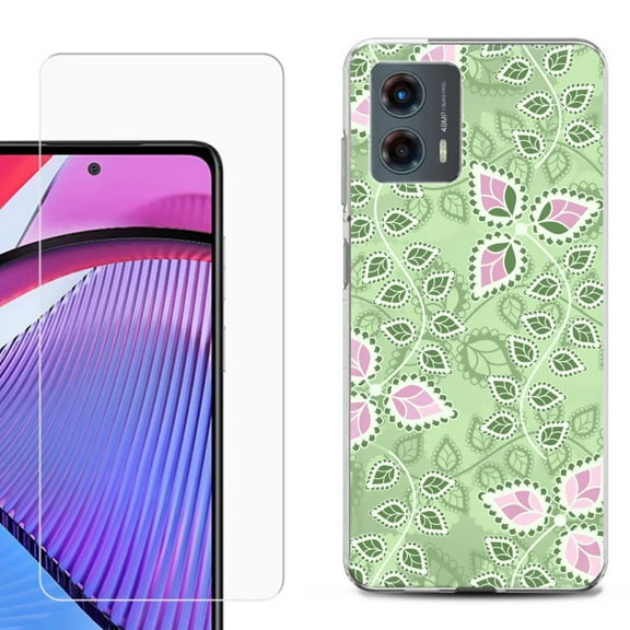 OneToughShield ® Compatible with Motorola Moto G 5G 2023, Shockproof Phone Case, with Tempered Glass Screen Protector - Leaf Pink Green