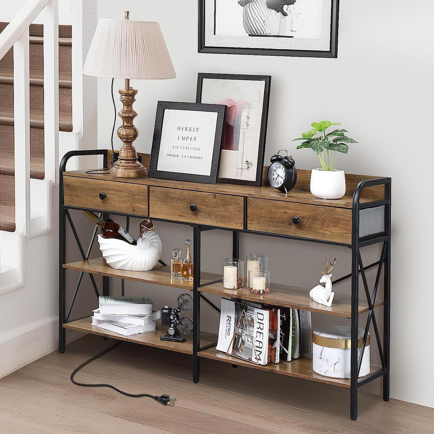 Zimtown Console Table with Power Outlet, 55" Narrow Sofa Table Industrial Entryway Table with USB Ports, Behind Couch Table for Entryway, Hallway, Foyer, Living Room, Bedroom