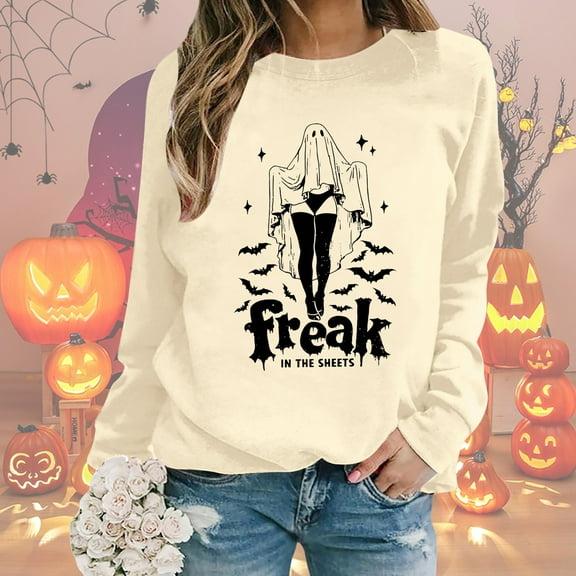 Women's Halloween Oversized Sweatshirt Ghost Graphic Printed Long Sleeve Tops Crew Neck Loose Fit Tops Fall Y2K Pullover Shirt
