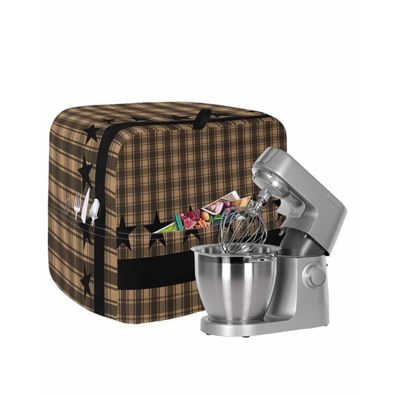 Brown Black Plaid Stand Mixer Dust Cover with Storage Pocket & Handles, Vintage Rustic Star Buffalo Check Fits All Tilt Head & Bowl Lift Kitchen Appliance Cover Organizer Bag Accessories, 6-8 Quart