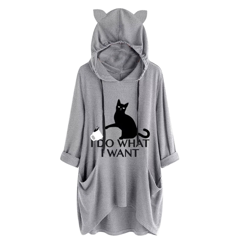 Sweatshirts for Girls Womens 3/4 SleeveLetter Print Cat Ear Irregular Hoodie