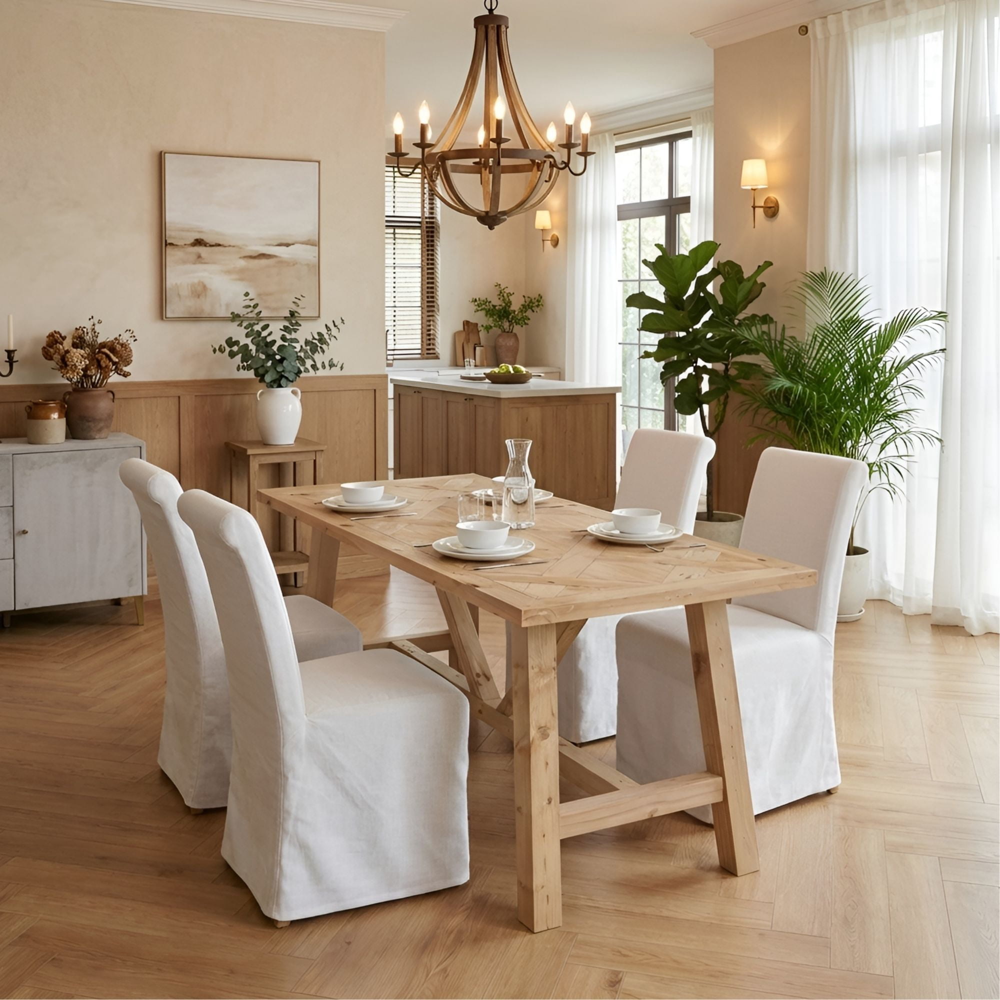 Dayalane Slipcovered Parsons Dining Chairs Set of 4, Modern Farmhouse High Back Linen Upholstered Chair with Removable Skirted, Classic Wooden Side Kitchen Chairs for Dining Living Room, Beige