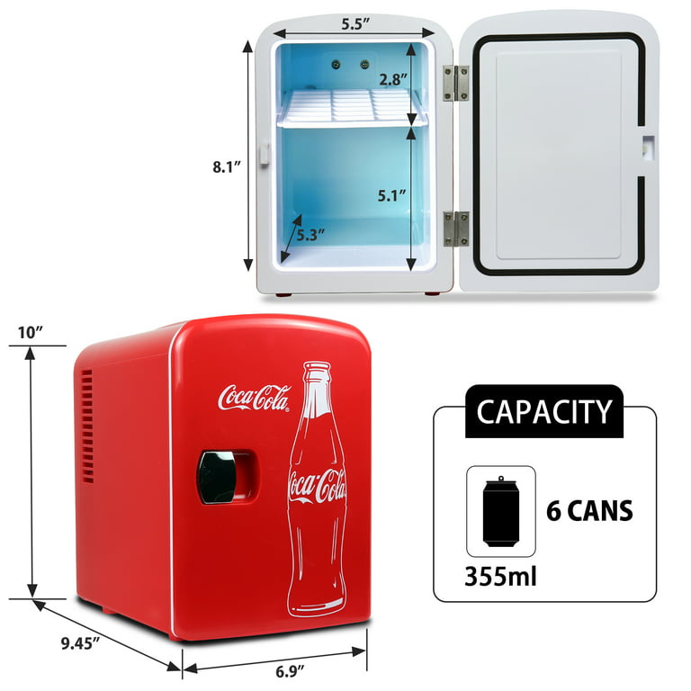 Coca-Cola Classic 4L Mini Fridge w/ 12V DC and 110V AC Cords, 6 Can  Portable Cooler, Personal Travel Refrigerator for Snacks Lunch Drinks  Cosmetics