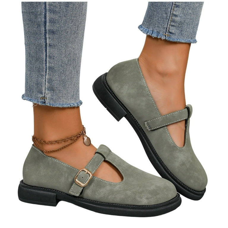 Miluxas Womens Mary Jane Flats Closed Round Toe Pumps Buckle T Strap Loafers Shoes Comfortable Casual Dressy Party office Classic Dress Shoes Army