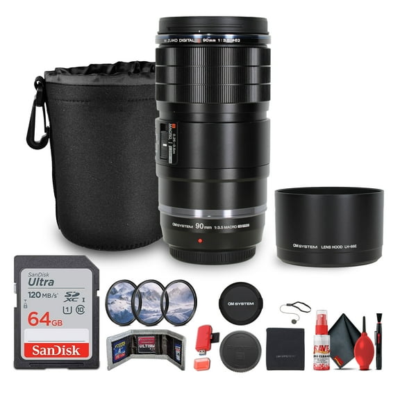 Olympus OM System M.Zuiko Digital ED 90mm f/3.5 Macro IS PRO Lens (Micro Four Thirds) (V335150BW000) Bundle Including: 64 GB Memory Card, 3-Piece Filter Kit, Lens Pouch, Lens Hood, Lens Caps, More