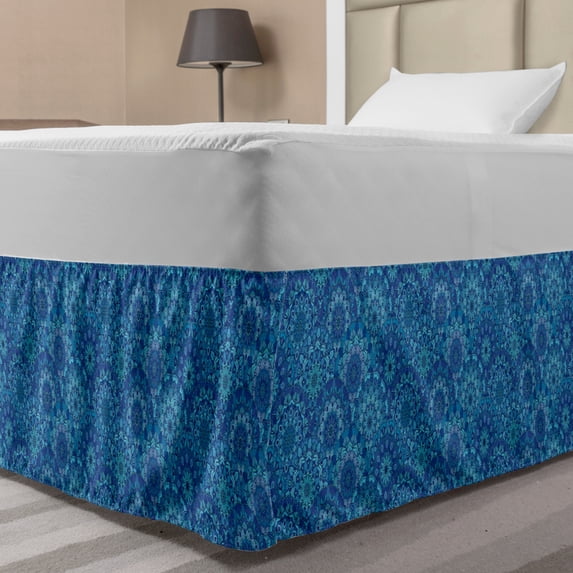 Blue Mandala Bed Skirt, Hippie Bohemian Flowers Arranged as Scales Richly Detailed Oriental, Elastic Bedskirt Dust Ruffle Wrap Around for Bedding Decor, 4 Sizes, Violet Blue Pale Blue, by Ambesonne