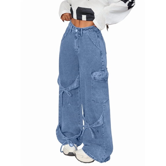Women'S Ribbon Tie Detail Utility Style Jeans Casual Straight Wide Leg Denim Trousers Light Blue XS