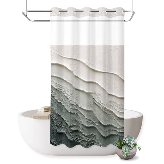 No Hook Shower Curtain, Grey Coastal Waves Shower Curtains for Bathroom with See Through Top Window, Abstract Summer Ocean Vintage Modern Art Waterproof & Washable Bath Curtain Stand Up Stall 36"x72"