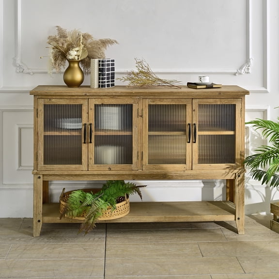 GDF Studio 59" Rustic Cabinet with Glass Doors and Shelf, Farmhouse Storage Console, Natural Wood