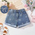 thumbnail image 2 of KPOPLK 6-16Y Girls Jean Shorts Cute Elastic Waist Denim Shorts for Teen Straight Leg Y2K Streetwear,Dark Blue,Size 10-11 Years, 2 of 5