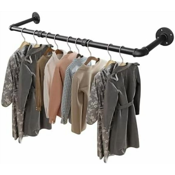 Industrial Pipe Clothes Rack, Heavy Duty Detachable Iron Garment Rack Wall Mounted, Rustic Saving Space Clothes Bar Multi-Purpose Hanging Rod for Bedroom, Closet, Black (36 Inch)