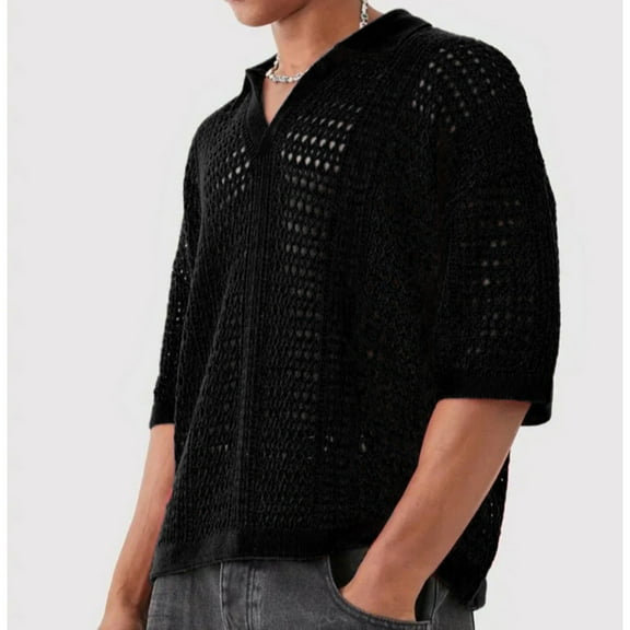 Men’s Red Crochet Knit Polo Shirt, Lightweight Breathable Half Sleeve See-Through Top, Casual Loose Fit Summer Pullover