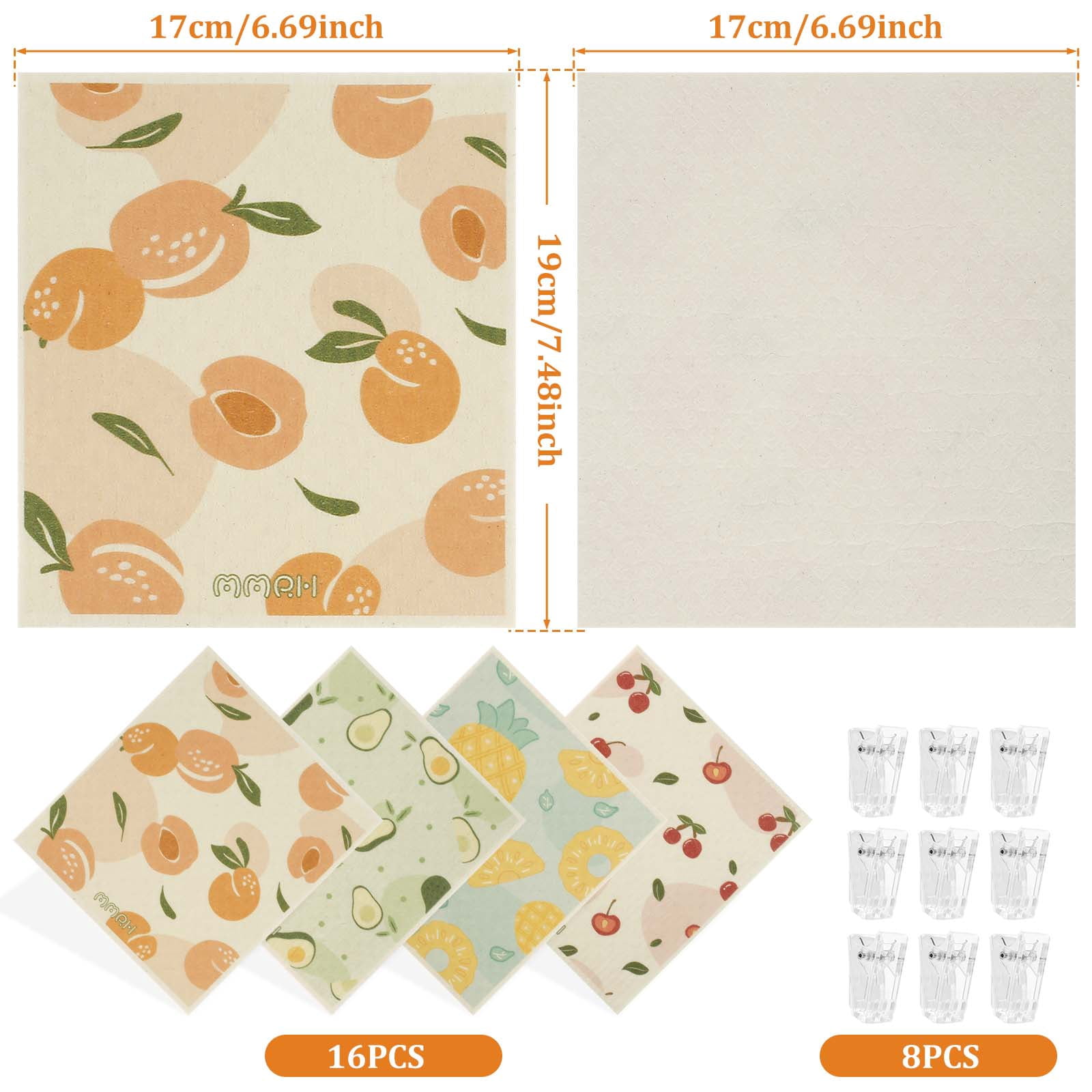Reusable Paper Towels and Swedish Dishcloths for Kitchen, 16 Pack Cellulose Sponge Cloths with 8 Clips, Odor Free Dish Rags