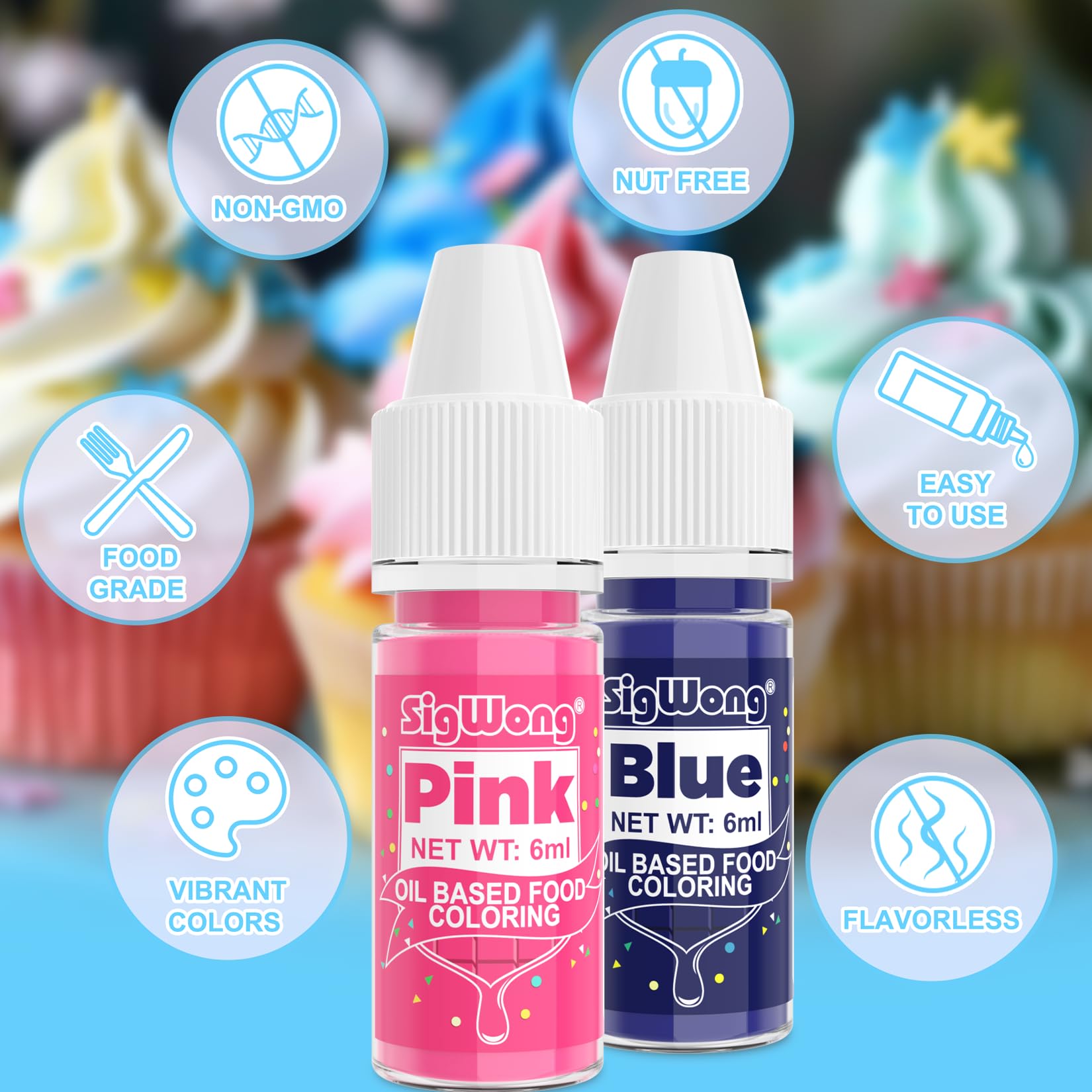 Oil Based Food SCH4Coloring - 8 Colors Upgraded Food Coloring for Chocolate, SigWong Oil Based Food Dye for Cake Decorating, Baking, Cookies, Icing Frosting, Fondant - 0.25 Fl.Oz/Bottles