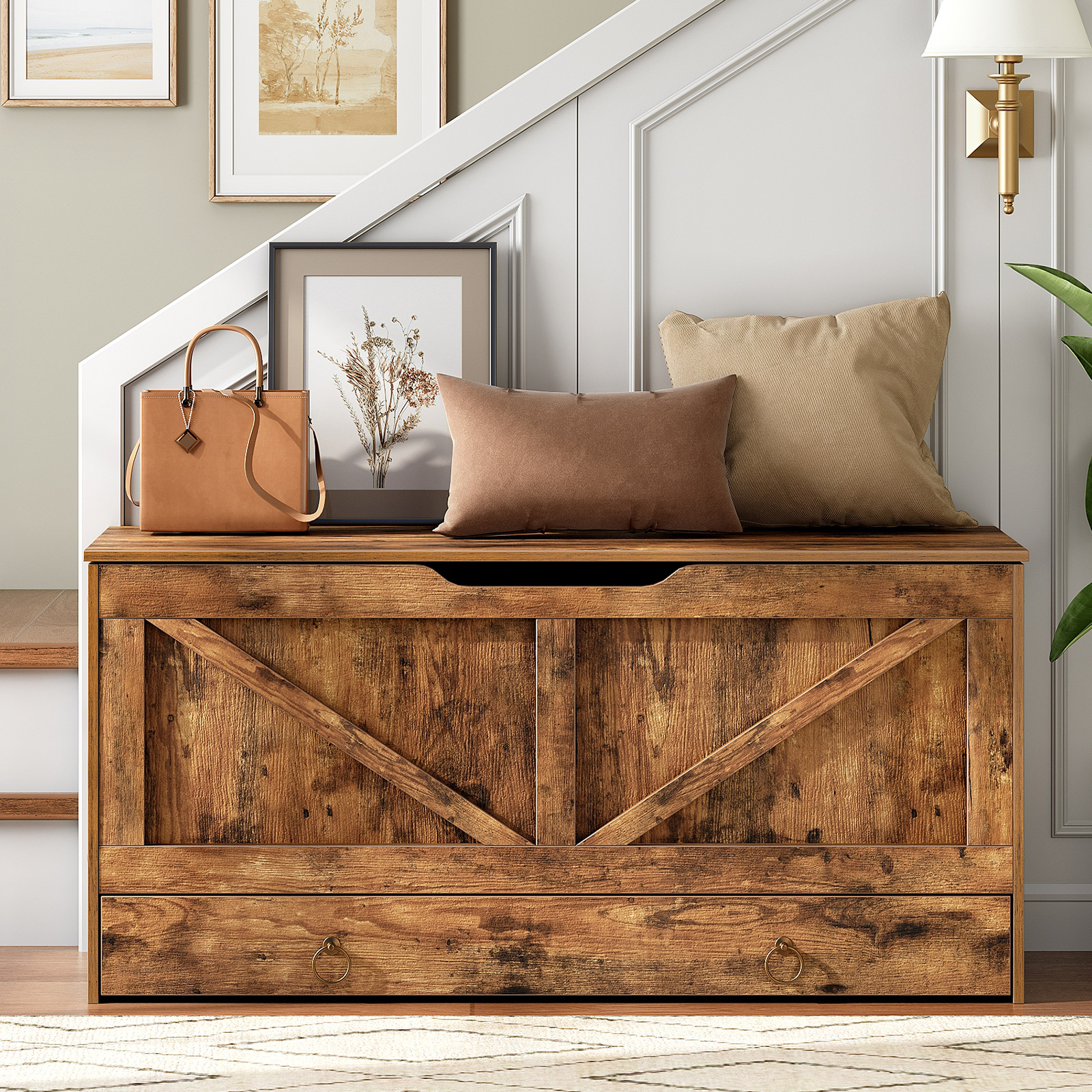 HOOBRO Storage Chest, 39.3" Toy Chest with Drawer, Wooden Storage Bench, Sturdy Entryway Bench Supports 220 lb, Shoe Bench, Safety Hinge, U-Shaped Opening, Easy Assembly, Rustic Brown FG710CW01G1