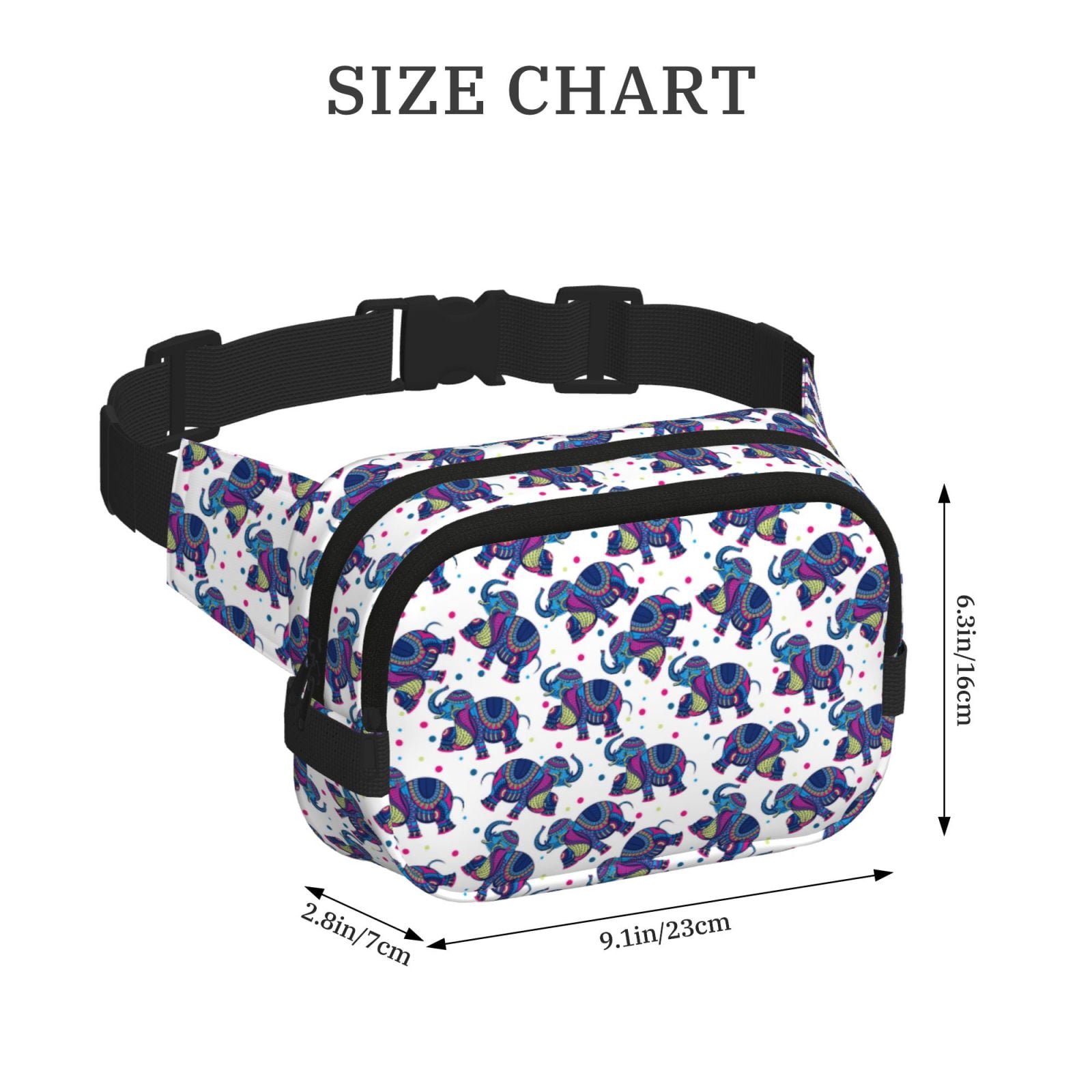 Fuzoiu Boho elephant Print Unisex Square Double Layer Waist Bag,Crossbody Fanny Pack Travel Workout Accessory