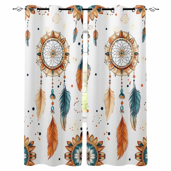 Boho Geometric Blackout Curtains 72 Inches Long for Bedroom, Ethnic Feathers Patterns Retro Farmhouse Thermal Insulated Room Darkening Black Out Window Curtain Panels Grommet Drapes for Living Room