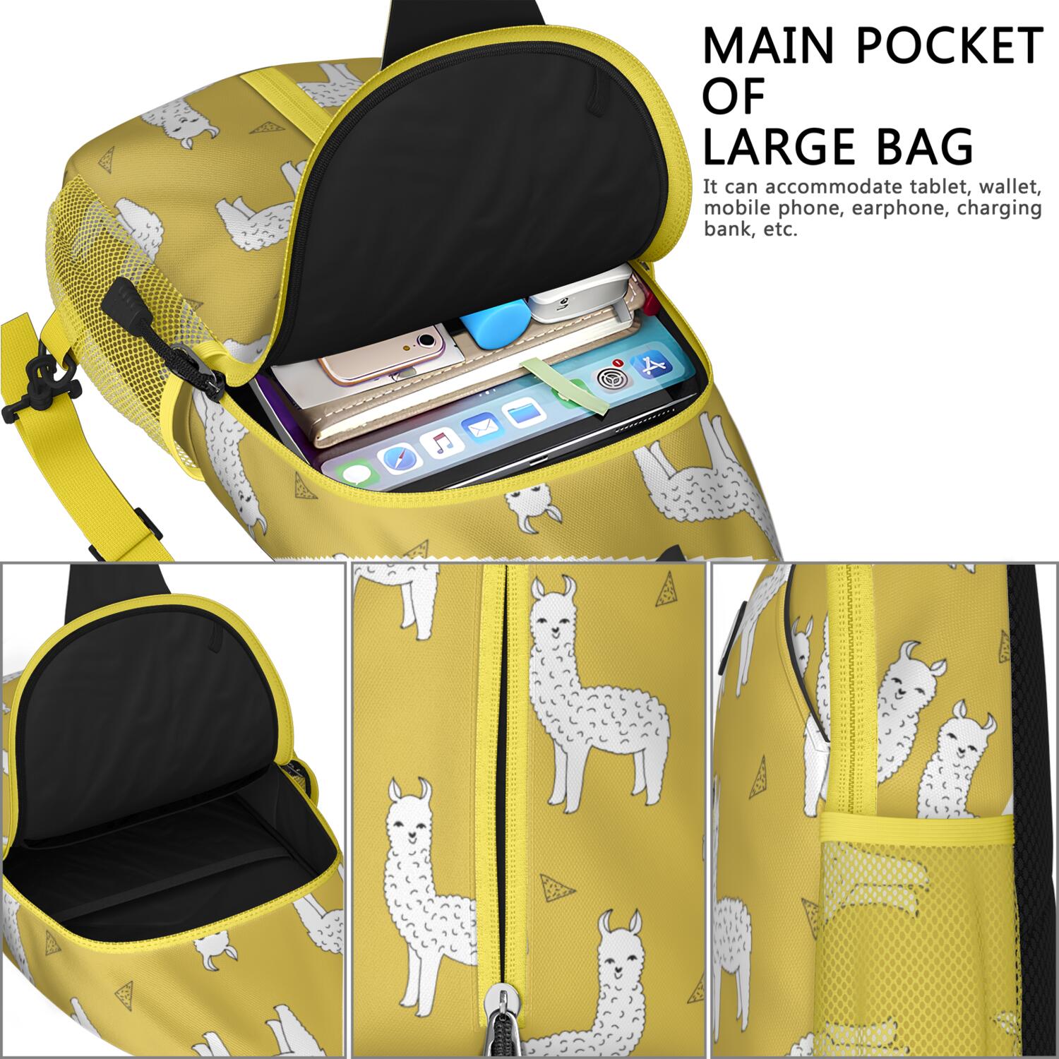 Llama Print Sling Backpack, Lightweight Crossbody Daypack with Cute Llama Face Cartoon Pattern, Adorable Kawaii Alpaca Design, Funny and Cute Anti-theft Travel Bag for Daily Use, Outdoor, Gym