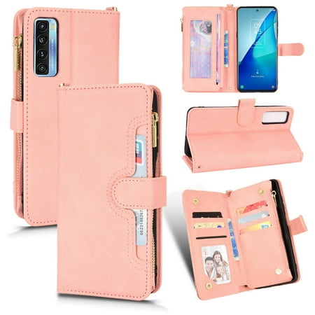 Case for TCL 20S/20 5G/20L Cover Zipper Magnetic Wallet Card Holder PU Leather Flip Case - Pink