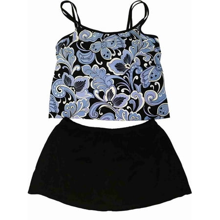 - Womens Light Blue Black Filigree Floral 2 Piece Swimming Suit Tankini Set 20