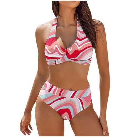 SKSloeg 2 Piece Swimsuit for Women Wrap Front Bikini Sets High Waisted Two Piece Swimsuits Color Block Tummy Control Cheeky High Cut Bathing Suits Hot Pink XL