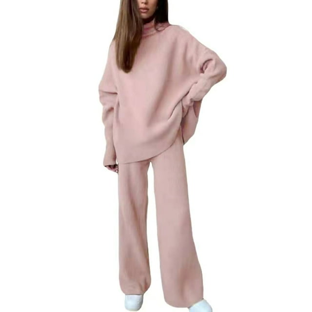 MAWCLOS Ladies Lounge Sets High Neck Sweater Set Wide Leg Two Piece Outfit Loose Fit Home Long Sleeve Knit Outfits Pink L