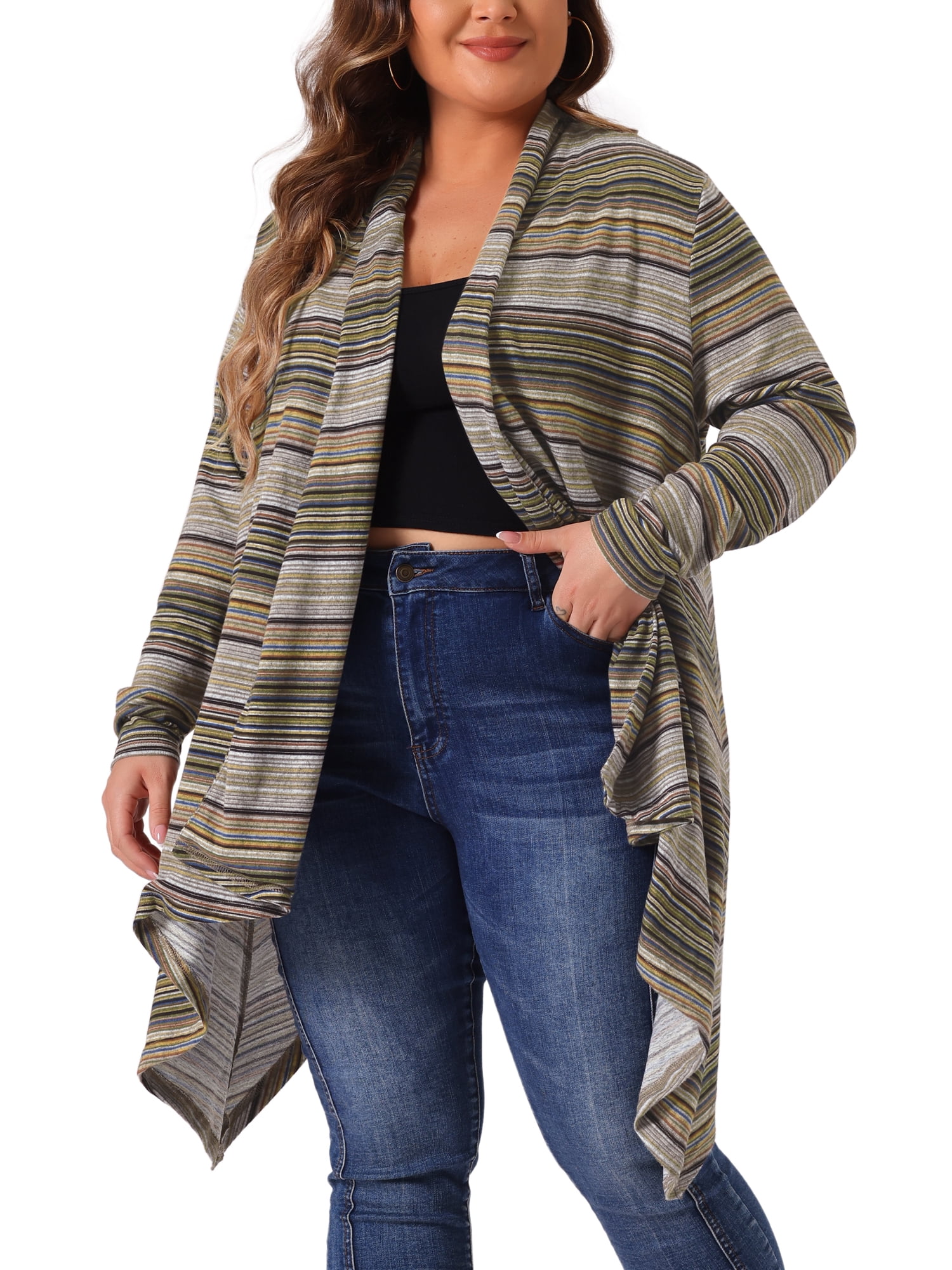 DARING DIVA Plus Size Long Sleeve Open Front Knit Stripe Cardigan 3X Green