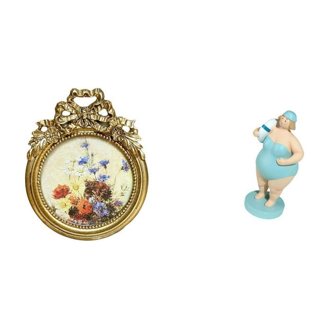 Marco de fotos redondo pequeño vintage dorado, marco decorativo de resina ornamentada, figura de mujer en traje de baño. Material de resina, ideal par