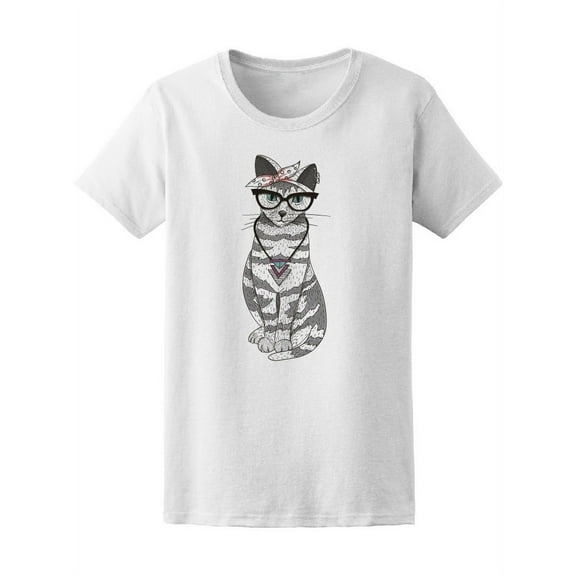 Cute Hipster Rockabilly Cat T-Shirt Women -Image by Shutterstock, Female x-Large