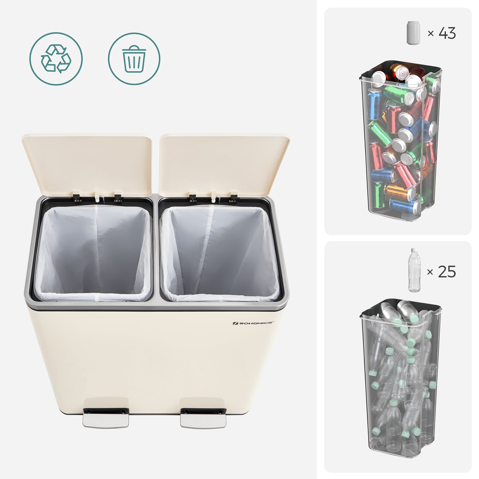 16 Gallon Dual Trash Can, Rubbish Bin and 15 Trash Bags, Metal, Almond Color