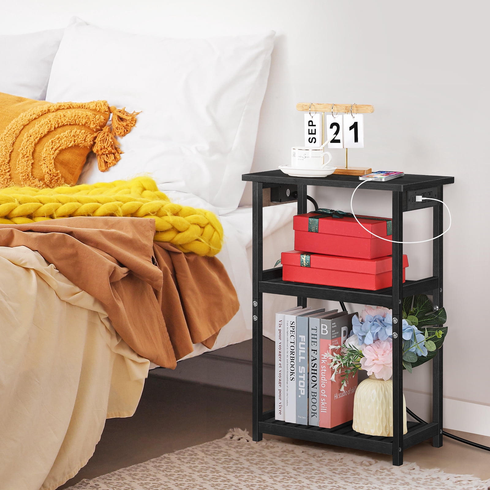 2 Pack Black Bamboo Nightstand with Charging Station, 3鈥慣ier Open Shelf End Table for Bedroom Living Room