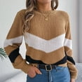 thumbnail image 5 of PiGOGI Women's Casual Oversize Striped Round Neck Hooded Long Sleeve Sweater - Comfortable Loose Fit Khaki S, 5 of 6