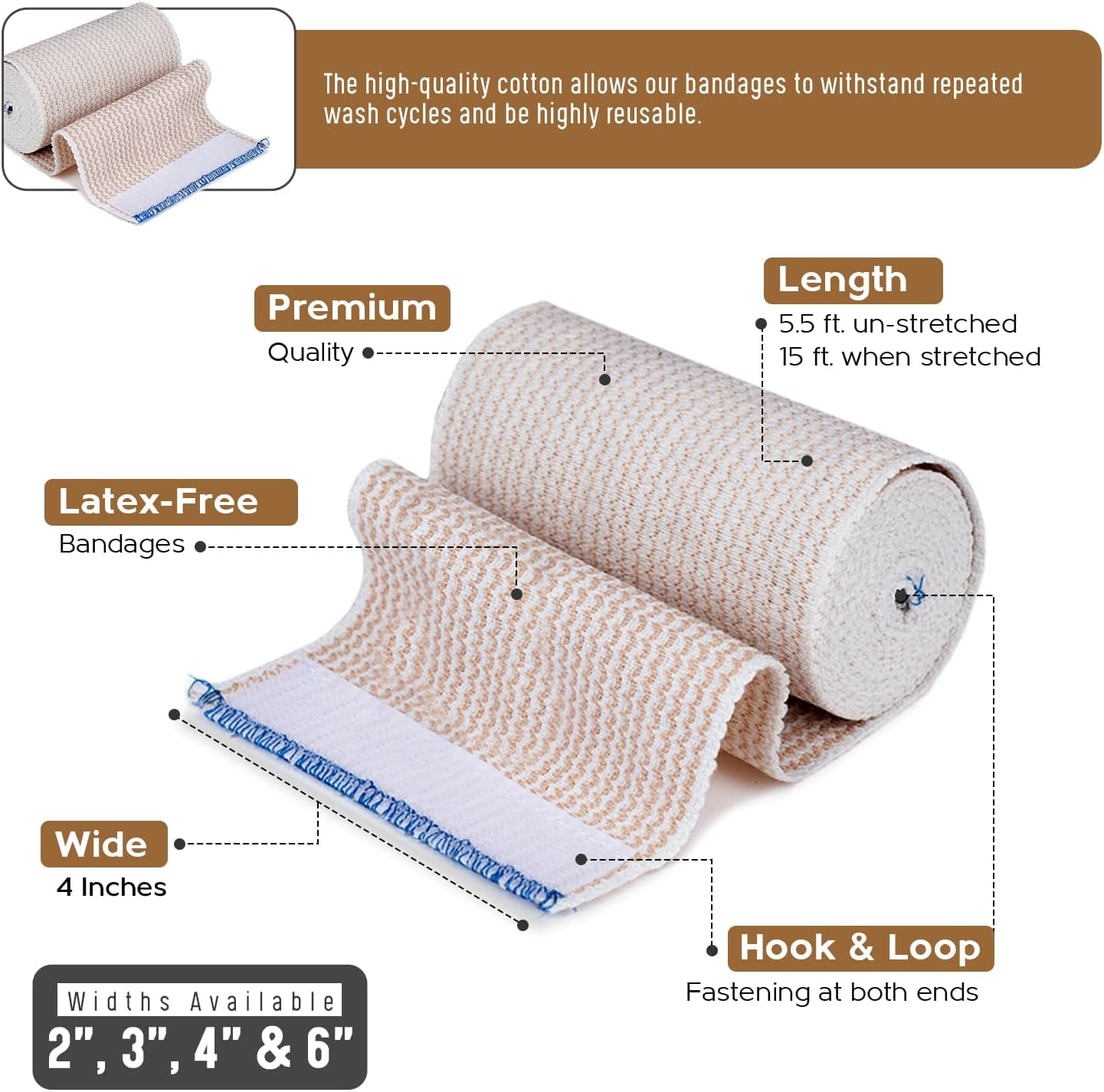 NexSkin Cotton Elastic Bandage Wrap (4" Wide, 6 Pack) | Hook & Loop Fasteners at Both Ends | Ace your Recovery for Sports | Latex Free Hypoallergenic Compression Roll for Sprains & Injuries