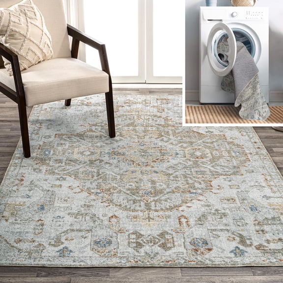 JONATHAN Y WASHABLE 5 x 8 Area Rug, Shaemus Bohemian Medallion - Cream/Brown/Green, WSH320A-5