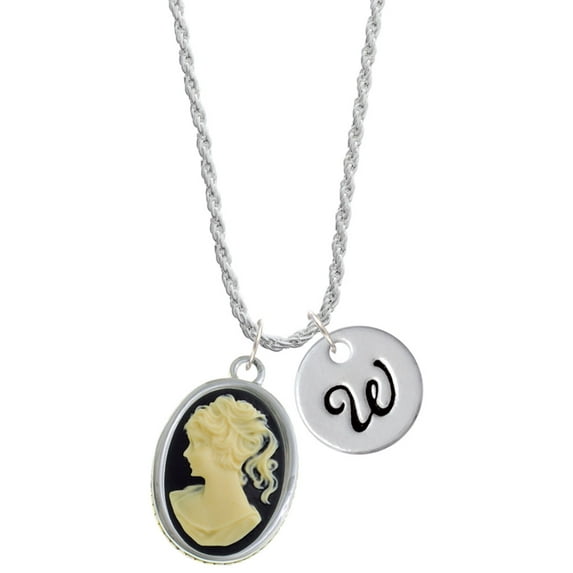 Delight Jewelry Silvertone Oval - Black Cameo - Silvertone Script Initial Disc - W - Charm Necklace, 20"+3"