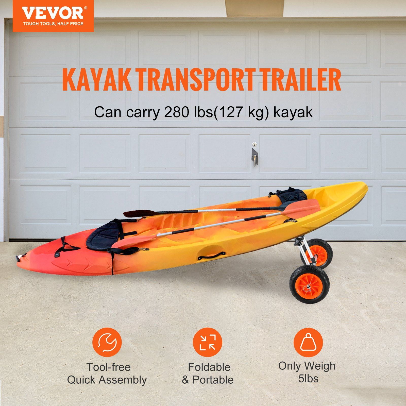 Heavy Duty Kayak Cart with 10" Solid Tires, 280lbs Capacity, Adjustable Width & Foam Protection, Fits Kayaks/Canoes with 1-Inch+ Drain Holes